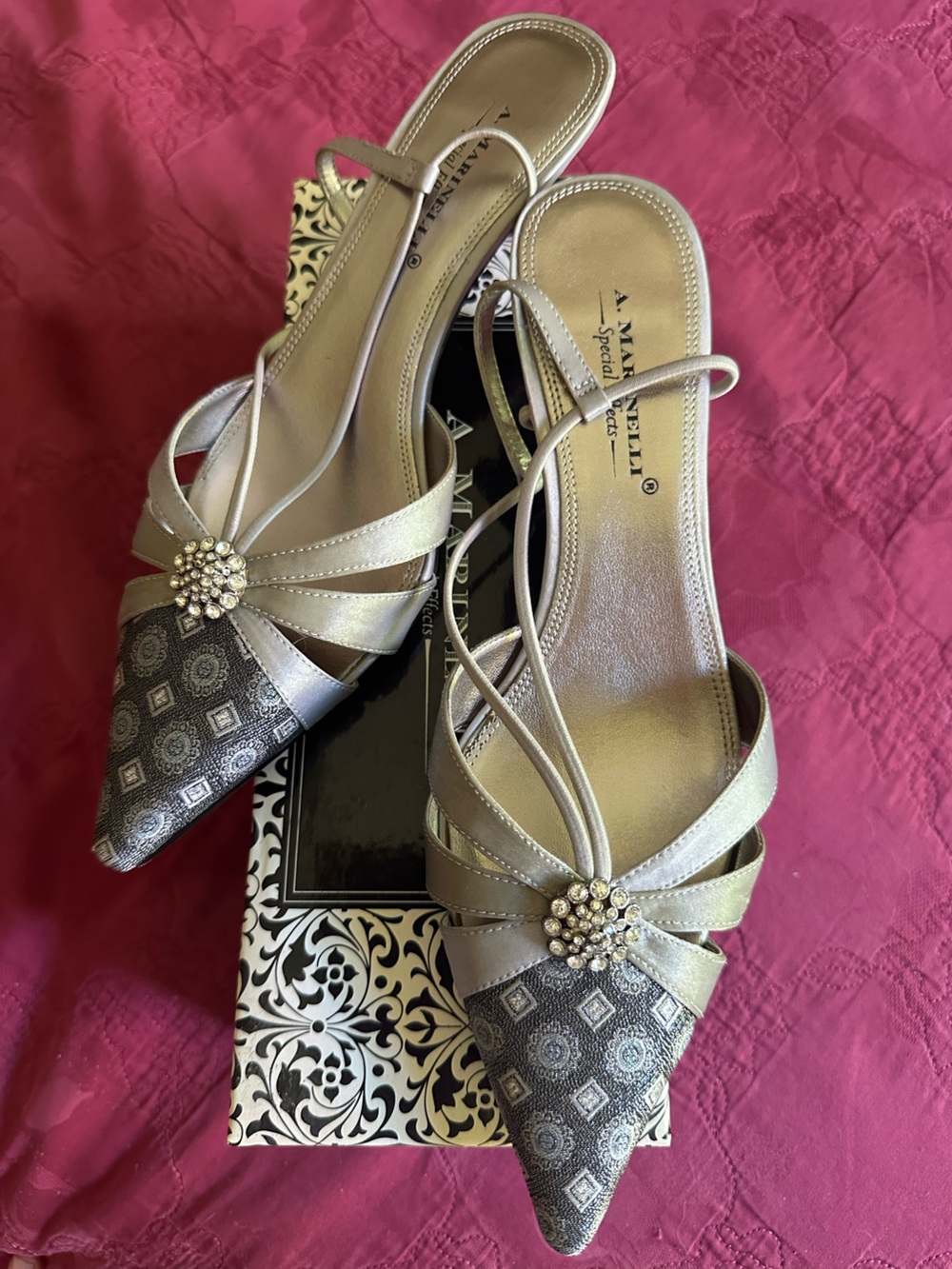 A. Marinelli Silver Pointed Toe Slingback Mules with Rhinestone Accent